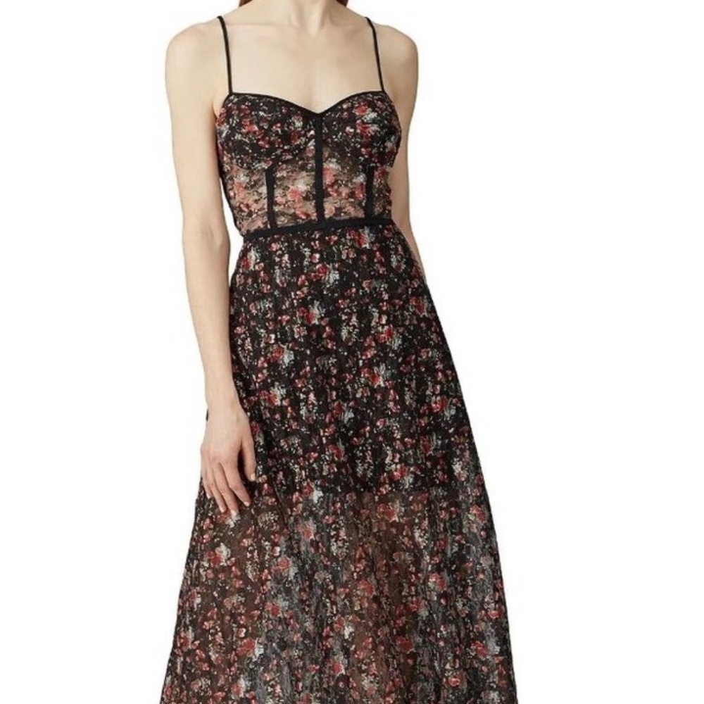 ABS Allen Schwartz Black Floral Midi Dress with Pink and Green Accents